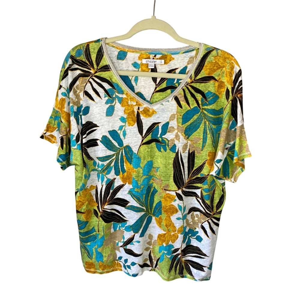 Chicos 100% Linen Tropical Floral V-Neck Top Green Yellow Size‎ 2 Lg Lurex Trim